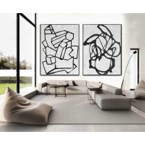 Set Of 2 Huge Contemporary Art Acrylic Painting On Canvas, Minimalist Canvas Wall Art Home Decor, Geometrical Art