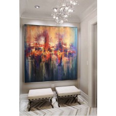 Large Wall Art, Painting On Canvas, Abstract Landscape, City on river, Evening light, Acrylic painting, Canvas, Abstract Decor Art