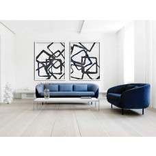 Set Of 2 Huge Contemporary Art Acrylic Painting On Canvas, Minimalist Canvas Wall Art, Geometrical Art, Navy blue, black.