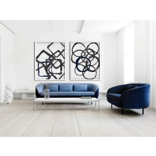 Set Of 2 Huge Contemporary Art Acrylic Painting On Canvas, Minimalist Canvas Wall Art, Geometrical Art, Navy blue, black.