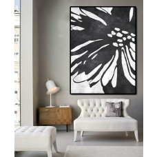 Huge Abstract Painting On Canvas, Vertical Canvas Painting, Extra Large Wall Art, Large Abstract canvas art Flower, Black white.