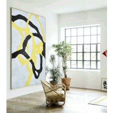 Large Large Abstract canvas art, Hand Painted Aclylic Painting On Canvas Minimalist Art, Black White Yellow.