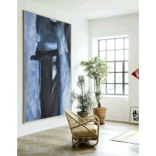 Large Oil Painting Minimalist Art, Hand Painted Contemporary Art Abstract Painting, Geometric Art. Black White Blue.