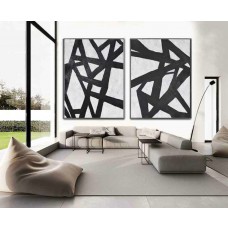 Set Of 2 Huge Contemporary Art Acrylic Painting On Canvas, Minimalist Canvas Wall Art Home Decor, Geometrical Art 