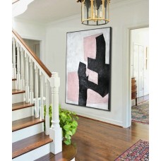 Large Large Abstract canvas art, Hand Painted Aclylic Painting On Canvas Minimalist Art, Black White Pink.