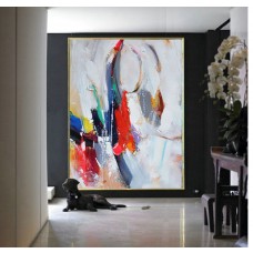 Handmade Extra Large Contemporary Painting, Huge Abstract Canvas Art, Painted by Leo. Grey, blue, orange, green, red.