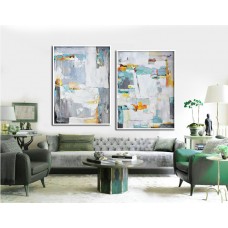 Set Of 2 Large Abstract Painting Canvas Art, Contemporary Art, Original Art, Hand paint. Green, yellow, orange, grey.