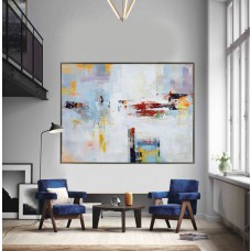 Extra Large Contemporary Painting, Huge Abstract Canvas Art, Original Artwork by Leo. White, yellow, red, gray, blue.