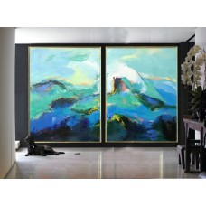 Set Of 2 Large Contemporary Painting, Abstract Canvas Art, Original Artwork, Hand paint. Blue, green, black, pink - By Leo