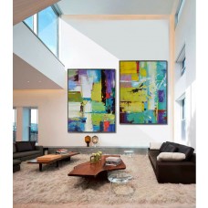 Set Of 2 Large Contemporary Painting, Abstract Canvas Art, Original Artwork, Blue, red, yellow, orange - By Leo