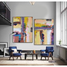 Set Of 2 Large Contemporary Painting, Abstract Canvas Art, Original Artwork, Brown, purple, yellow, blue, pink - By Leo