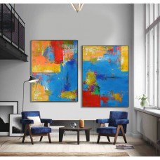 Set Of 2 Large Contemporary Painting, Abstract Canvas Art Original Artwork, Hand paint. Blue, red, yellow, orange - By Leo