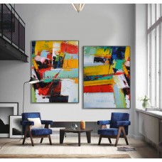 Set Of 2 Large Contemporary Painting, Abstract Canvas Art, Original Artwork, Blue, red, yellow, orange, green - By Leo