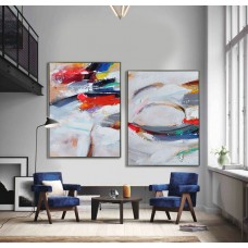 Set Of 2 Large Contemporary Painting, Abstract Canvas Art, Original Artwork, Blue, white, gray, red, green - By Leo